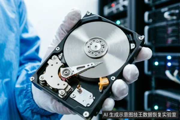 身穿蓝色防静电服、戴白手套的技术人员手持一块已打开外壳的机械硬盘,背景为模糊的服务器机柜。画面展示了精密磁头与盘片结构,体现了专业数据恢复机构在洁净环境下对硬件进行物理检查的场景。