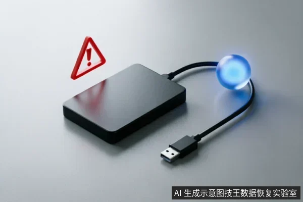 一个黑色的移动硬盘通过USB线连接，线缆中间悬浮着一个发光的蓝色球体，硬盘上方有一个红色的三角形警告标志，示意设备存在故障或风险。