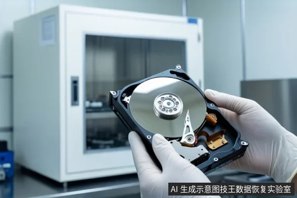 画面中一双戴白色手套的手正握持一块打开外壳的机械硬盘,可见金属盘片、主轴电机与磁头组件。背景是一台白色的实验室设备(疑似无尘室或洁净柜)。