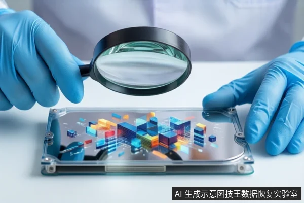 白色桌面上,戴蓝色手套的双手正持握放大镜,观察透明底座上平放的一块打开外壳的机械硬盘,硬盘上方悬浮着彩色立方体阵列。