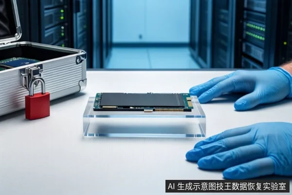 白色防静电桌面上,中间透明底座上平放一块M.2固态硬盘,左侧为挂有红色挂锁的银色金属防震箱,右侧一双戴蓝色手套的手平放在桌面上,背景可见服务器机柜。
