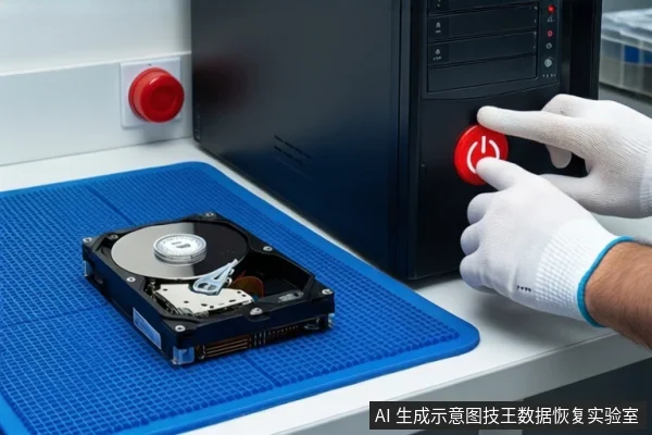 蓝色防静电垫上平放一块打开外壳的机械硬盘,右侧黑色主机前,戴白手套的双手正在按压红色电源按钮,背景可见墙壁上的红色急停开关。