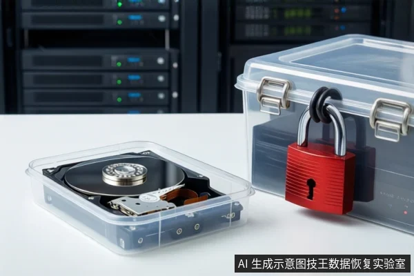 白色桌面上,左侧透明塑料盒内平放一块打开外壳的机械硬盘,右侧银色金属防震箱上挂有红色挂锁,背景为模糊的服务器机柜。
