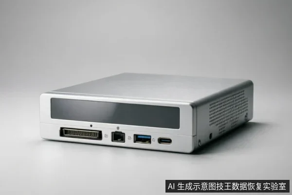 图片展示了一台银色金属外壳的硬件设备侧面,可见SCSI、RJ45网络、USB 3.0及Type-C等多种接口。该设备外观类似专业数据恢复用的只读写保护锁或硬盘检测底座,符合文中提到的“连接至另一台已知良好的计算机”及“只读评估”的专业工具特征。