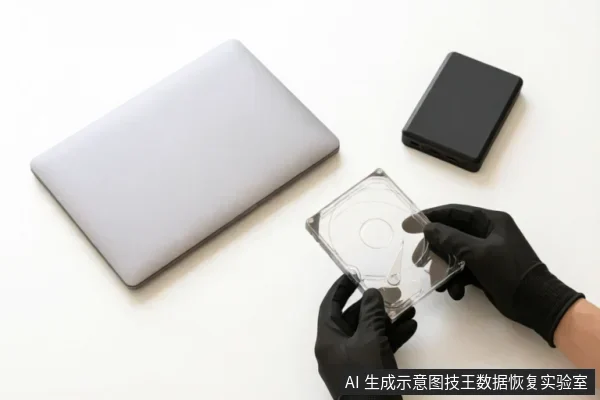 一双戴着黑色防静电手套的手正拿取一个透明塑料硬盘盒,背景为白色桌面,旁边放置着一台闭合的银色笔记本电脑和一个黑色移动硬盘。