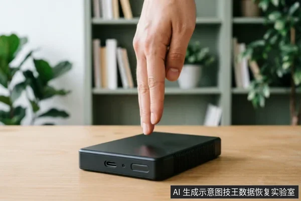 一只手指正悬停并按压放置在木质桌面上的黑色移动硬盘,设备侧面可见USB-C接口及状态指示灯孔,背景为模糊的书架与绿植。