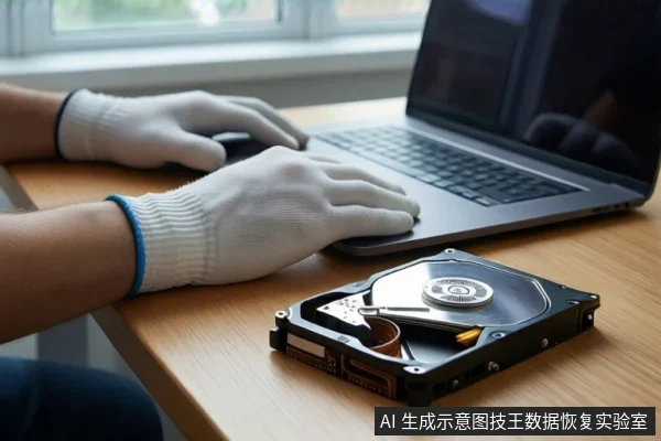 木质桌面上,一双戴白色手套的手正在操作笔记本电脑键盘,前景平放着一块打开外壳的机械硬盘,露出盘片与磁头组件。背景为模糊的窗户。