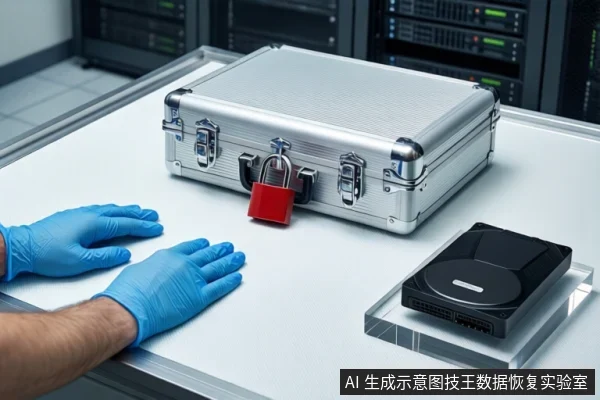 白色防静电工作台上,中间为闭合的银色金属防震箱,箱前挂有红色挂锁。左侧一双戴蓝色手套的手平放在桌面上,右侧透明底座上平放一块闭合的黑色机械硬盘,背景可见服务器机柜。