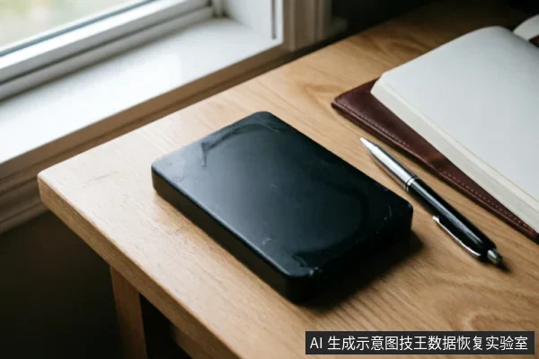 一张木质桌面上放置着一个黑色的长方形移动硬盘,旁边有一本打开的棕色皮面笔记本和一支银色金属笔。画面静止,无通电连接状态,营造出记录设备故障现象或等待专业检测的氛围。