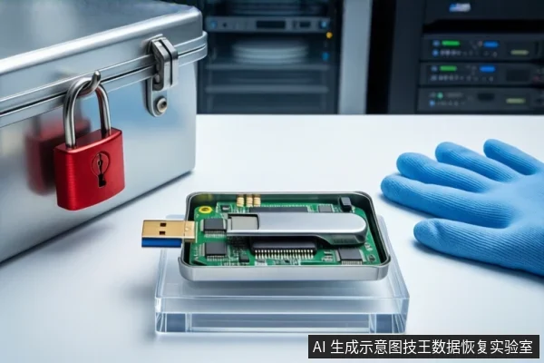 白色桌面上,中间透明底座上平放一个打开外壳的U盘,可见绿色PCB和闪存芯片,左侧为挂有红色挂锁的银色金属防震箱,右侧为一只蓝色手套,背景可见服务器机柜。