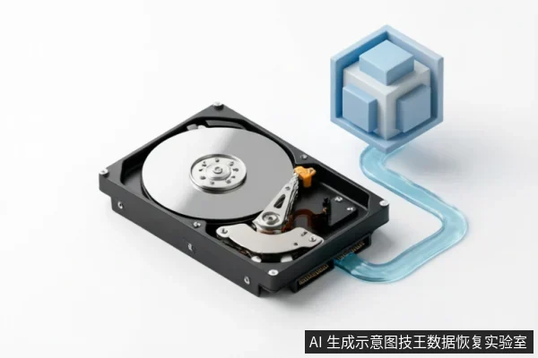 一张展示机械硬盘内部结构的示意图,银色磁盘与读写磁头清晰可见。一条半透明的蓝色数据流从硬盘接口延伸而出,连接至右侧悬浮的立体方块图标,象征数据提取或介质保护过程。