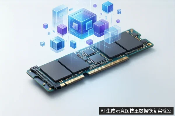 白色背景上斜放一块M.2固态硬盘,可见金色金手指接口和黑色闪存芯片,上方悬浮多个蓝紫色半透明立方体,右下角有固定标识。
