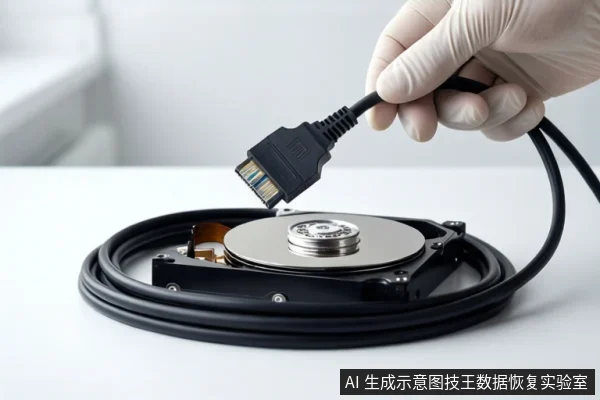 白色桌面上平放一块打开外壳的机械硬盘,盘片与主轴电机清晰可见。一只戴白手套的手握持一根黑色线缆,将其接口悬停在硬盘上方,线缆盘绕在硬盘周围。