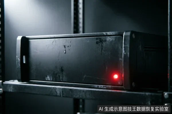一个放置在金属机架上的黑色长方体硬件设备,表面布满划痕与污渍,右下角亮着一颗红色指示灯,呈现出专业数据恢复实验室中用于隔离或读取的硬件环境。