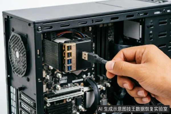 一只未戴手套的手正将USB数据线插入安装在机箱主板上的黑色移动硬盘转接卡接口，展示了设备连接状态检查或物理接入的操作场景。