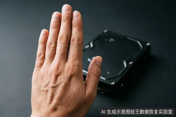 一只手掌在黑色机械硬盘前做出停止或拒绝的手势，示意在系统无法识别硬盘时应立即停止操作，避免对原介质进行写入或反复通电，以保护数据安全。