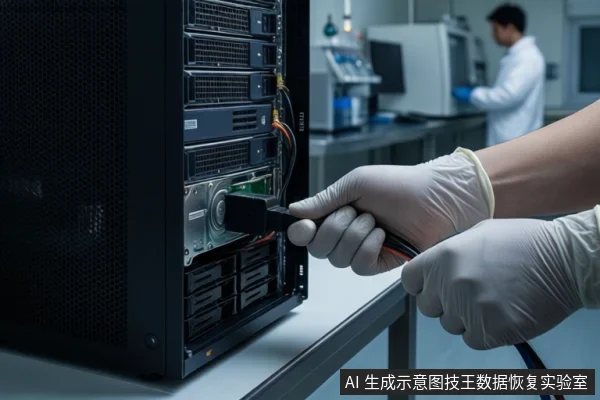 实验室环境中,一双戴白色手套的手正握持黑色线缆插头,准备插入黑色服务器机箱内裸露的机械硬盘接口。背景可见模糊的实验仪器和一名身穿白大褂的技术人员。