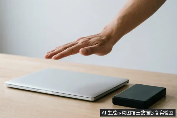一只手掌悬停在闭合的银色笔记本电脑上方,做出停止或拒绝的手势,旁边桌面上放置着一个黑色外接硬盘盒。画面简洁,强调对硬件操作的制止与保护意识。