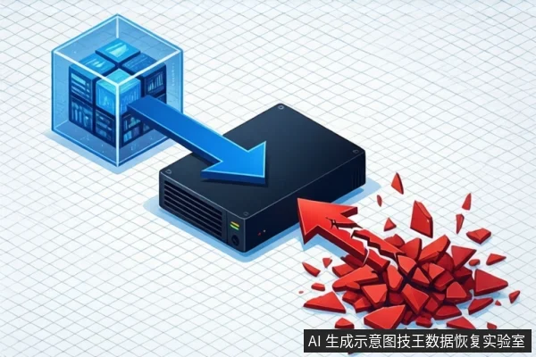 白色网格背景上,左侧透明立方体内有蓝色数据块,蓝色箭头指向中间黑色存储设备;右侧红色箭头指向设备,周围散落红色破碎碎片。