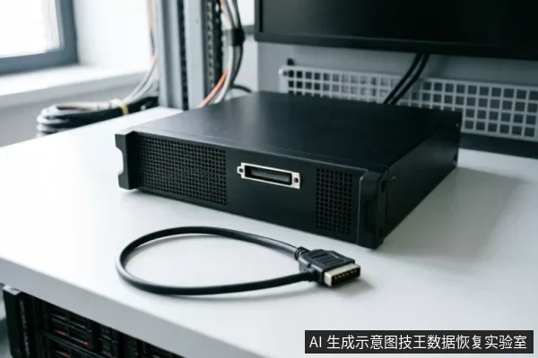 白色桌面上放置着一台黑色的机架式存储设备,前方有一根连接着宽口专用接口的黑色数据线。背景可见服务器机柜与线缆,展示了数据恢复或硬件检测环境中的设备连接状态。
