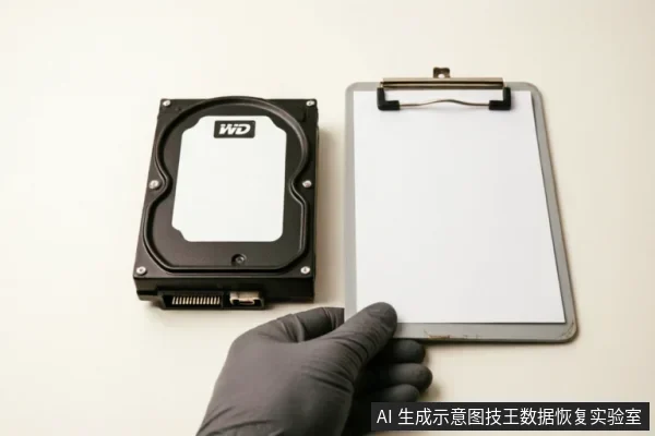 一只戴着黑色防护手套的手正拿着一个夹有白纸的写字板,旁边平放着一块WD机械硬盘。画面展示了在接触故障硬盘时记录设备状态或操作日志的场景,强调对原始介质的保护与专业检测流程。