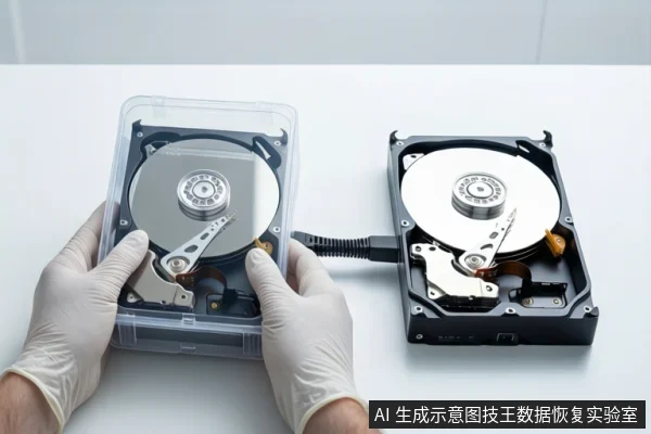 白色桌面上，一双戴白色手套的手正握持一个装有裸露机械硬盘的透明防静电盒。右侧平放另一块裸露机械硬盘，两者之间通过一根黑色线缆连接。