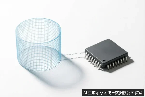 画面展示了一枚黑色的方形存储芯片,通过虚线连接至一个蓝色的三维网格圆柱体。该圆柱体象征着芯片内部的数据结构或加密逻辑空间,形象地表达了硬件与数据之间的抽象关联。