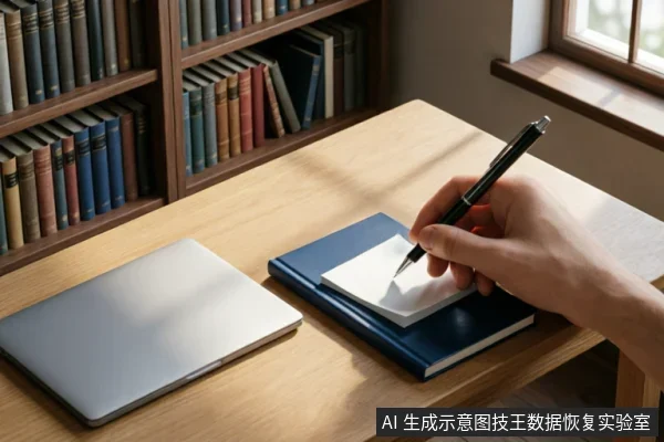 画面展示了一只手正握笔在蓝色笔记本上的便签纸记录信息,旁边放置着一台闭合的银色笔记本电脑。背景为摆满书籍的书架和窗户,营造出冷静记录当前可观察信息的办公环境氛围。