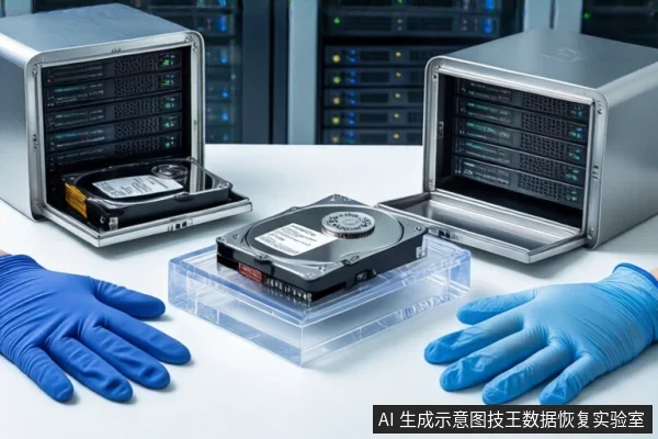 洁净室白色桌面上,中间透明底座上平放一块打开外壳的机械硬盘,左侧为打开的银色金属防震箱,右侧为另一台打开的银色金属防震箱,前景有一双戴蓝色手套的手平放在桌面上,背景可见服务器机柜。
