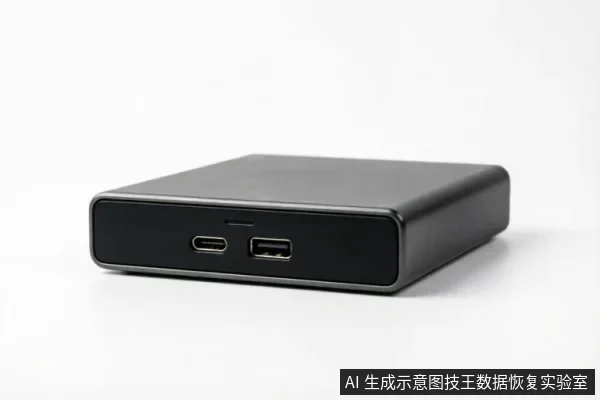 一个黑色的长方体外接存储设备侧面特写，置于白色背景上。设备面板清晰可见两个接口，左侧为Type-C接口，右侧为标准USB-A接口，表面无文字或屏幕显示。
