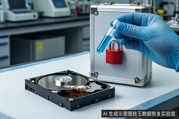 白色防静电工作台上,一只戴蓝色手套的手持握装有蓝色液体的试管,试管下方悬挂红色挂锁。旁边平放一块打开外壳的机械硬盘,背景为挂有红色挂锁的银色金属防震箱。