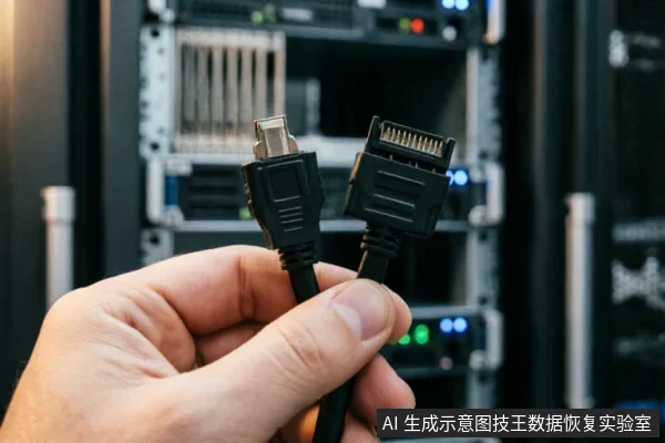 一只手在服务器机柜背景前展示两条黑色数据线,左侧为SATA数据接口,右侧为SATA电源接口。画面聚焦于连接线缆的细节,背景虚化显示机架设备状态灯,用于示意存储设备的物理连接与外部链路检查。