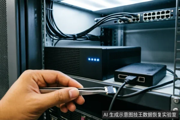 一只手使用金属镊子夹持SATA接口连接器,正准备将其插入机架上的黑色存储设备。背景可见理线整齐的网络线缆及亮着蓝色指示灯的服务器硬件,展示了数据恢复或硬件检测环境中的连接排查场景。