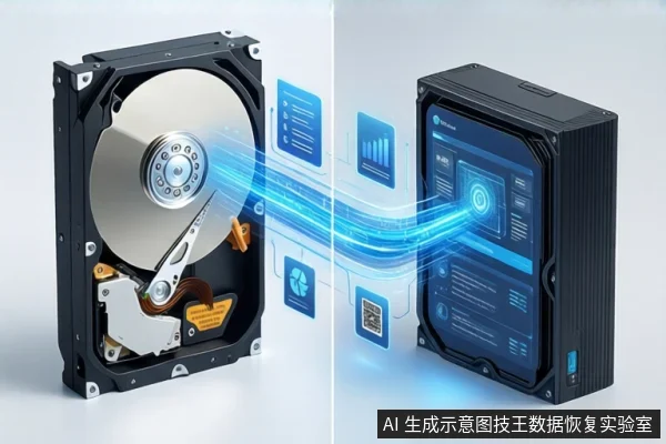 白色背景中,左侧为打开外壳的机械硬盘,右侧为黑色外接硬盘盒,中间有蓝色数据流光效连接,周围悬浮多个蓝色数据图标。