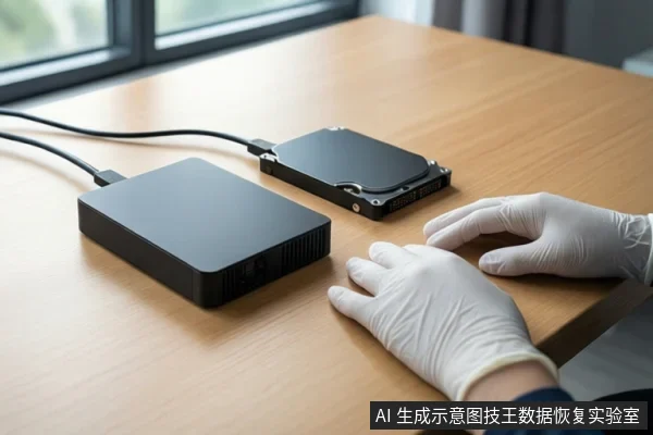 木质桌面上平放一个黑色方形存储设备和一块裸露的机械硬盘,两者通过黑色线缆连接。一双戴白色手套的手平放在设备右侧桌面上,背景为模糊的窗户。