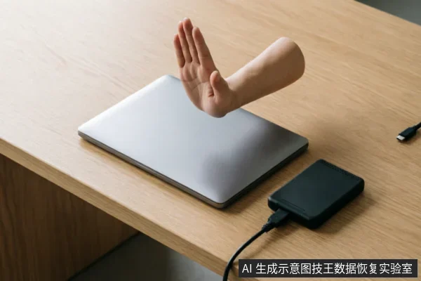 一只悬浮的手掌在闭合的笔记本电脑上方做出停止手势,旁边连接着一个黑色移动硬盘,示意立即断电并停止操作。