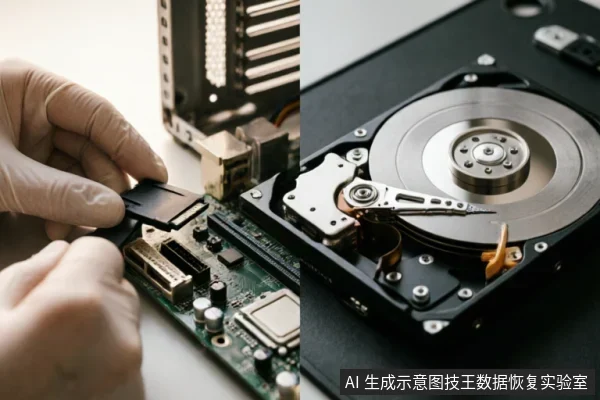 左侧画面展示佩戴防静电手套的手正在检查主板上的SATA数据线连接,对应段落中关于排查外部连接链路的建议;右侧画面为打开外壳的机械硬盘内部特写,清晰可见盘片与磁头组件,直观呈现段落提及的发出异常声响的内部机械结构。