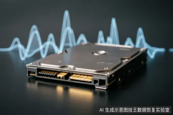 黑色背景上放置着一块SATA硬盘，清晰展示了侧面的数据与电源接口金手指。背景中浮现蓝色的声波波形图，象征硬盘发出的异常机械故障声音或信号波动。