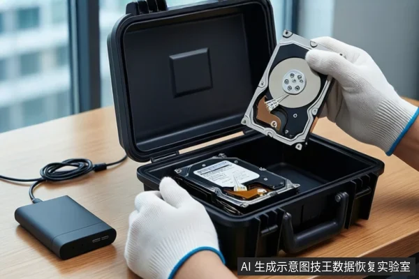木质桌面上放置一个打开的黑色防震箱,箱内平放一块裸露机械硬盘。右侧一双戴白色手套的手正握持另一块机械硬盘,悬停在箱子上方。左侧桌面上平放一个黑色移动硬盘和一卷黑色USB线缆,背景为模糊的窗户。