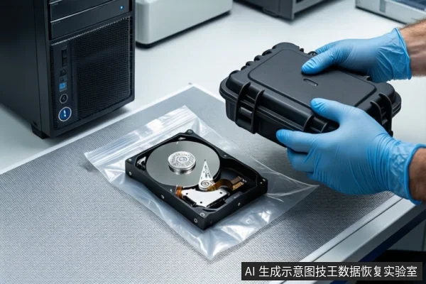 灰色防静电垫上,透明防静电袋内平放一块打开外壳的机械硬盘。左侧有一台黑色台式主机。右侧一双戴蓝色手套的手正持握一个闭合的黑色防震箱。