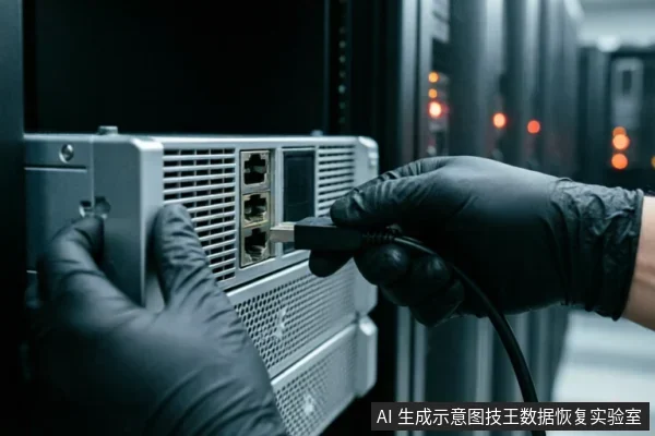 戴着黑色防静电手套的技术人员正在将一根黑色数据线插入机架式服务器设备的网络接口中，背景为模糊的数据中心环境。