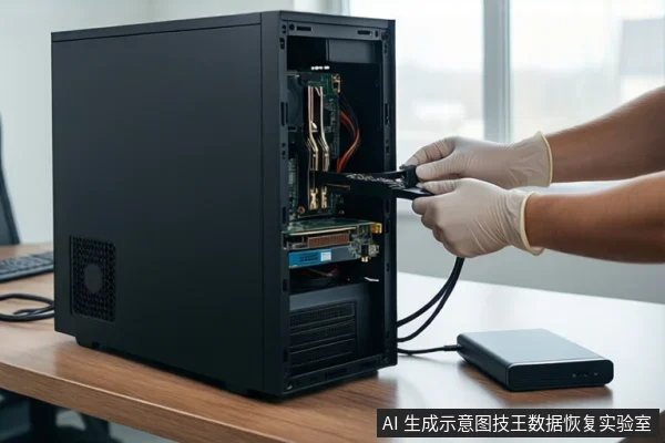 木质桌面上放置一台打开侧板的黑色台式主机,内部可见主板和显卡。一双戴白色手套的手正握持一块黑色电路板,将其对准主机内部。桌面上还放有一个黑色移动硬盘。