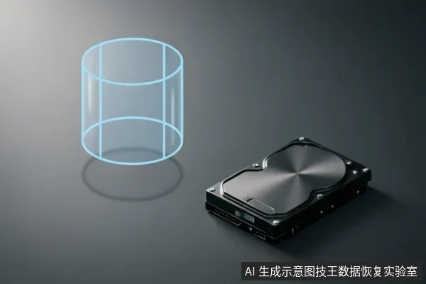 深灰色背景上放置一块黑色的机械硬盘，左侧悬浮着一个发光的蓝色线框圆柱体图标，象征数据存储或逻辑结构。画面简洁，无多余文字或操作演示。