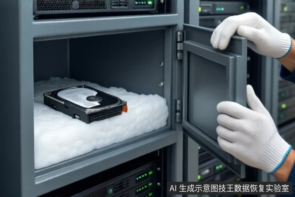 灰色机架式设备柜门打开,内部白色泡沫垫上平放一块黑色机械硬盘。右侧一双戴白色手套的手正扶着柜门边缘,背景为模糊的服务器机柜。