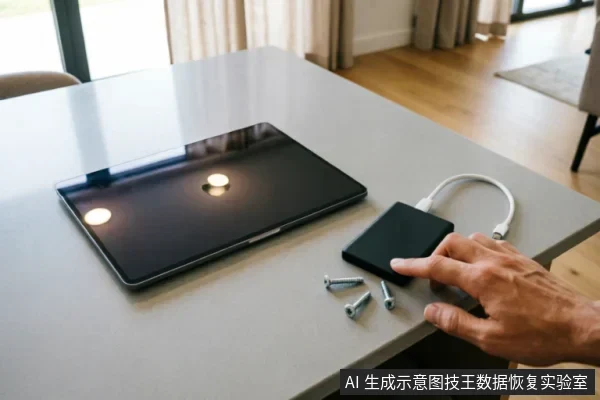 桌面上放置着一台闭合的笔记本电脑，旁边连接着一个黑色移动硬盘。一只手正指向硬盘，桌面上还散落着几颗银色螺丝钉，展示了设备连接与拆解检查的场景。