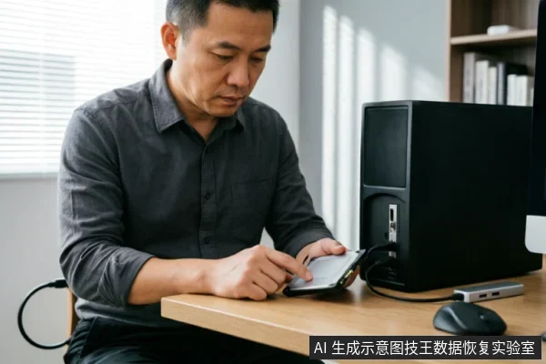 一名中年男子坐在木质办公桌前,正低头专注地查看手中的智能手机屏幕。桌面上放置着黑色的台式电脑主机、鼠标及扩展坞,背景有百叶窗和书架,呈现出典型的办公或家庭工作环境。