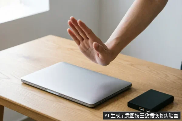 一只手掌在闭合的银色笔记本电脑上方做出明确的停止手势,旁边放置着一个黑色移动硬盘。画面直观地传达了拒绝操作、立即断电或禁止接触设备的警示含义。