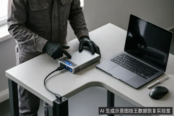 一名身穿工装、佩戴黑色手套的专业人员正在操作桌上设备，将带有蓝色指示灯的硬盘盒或转接设备通过线缆连接至笔记本电脑，展示数据恢复检测中的硬件连接与状态评估场景。