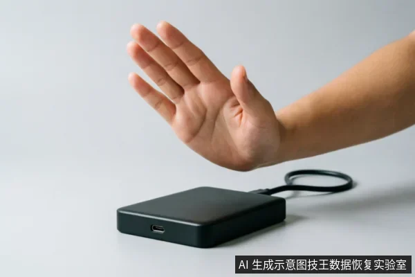 一只手掌在黑色移动硬盘上方做出明显的停止手势,示意拒绝操作。硬盘平放在桌面上并连接着数据线,画面直观传达出在设备故障时立即断电、禁止通电或停止尝试识别的紧急处理原则。
