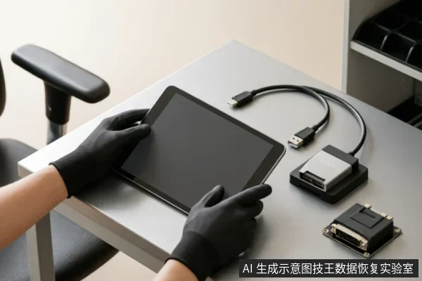 画面展示了一双戴着黑色防静电手套的手正在操作一台平板电脑。桌面上放置着USB转接线缆以及两个裸露接口的硬盘转接底座（含SATA和IDE接口），呈现出专业数据恢复或硬件检测的工作环境。